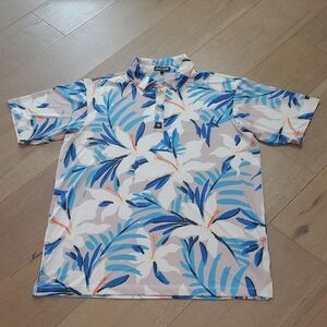 EUC Bad Birdie Golf Polo Shirt Men's sz XL Cream/Blue Floral 1/4 Button Shirt